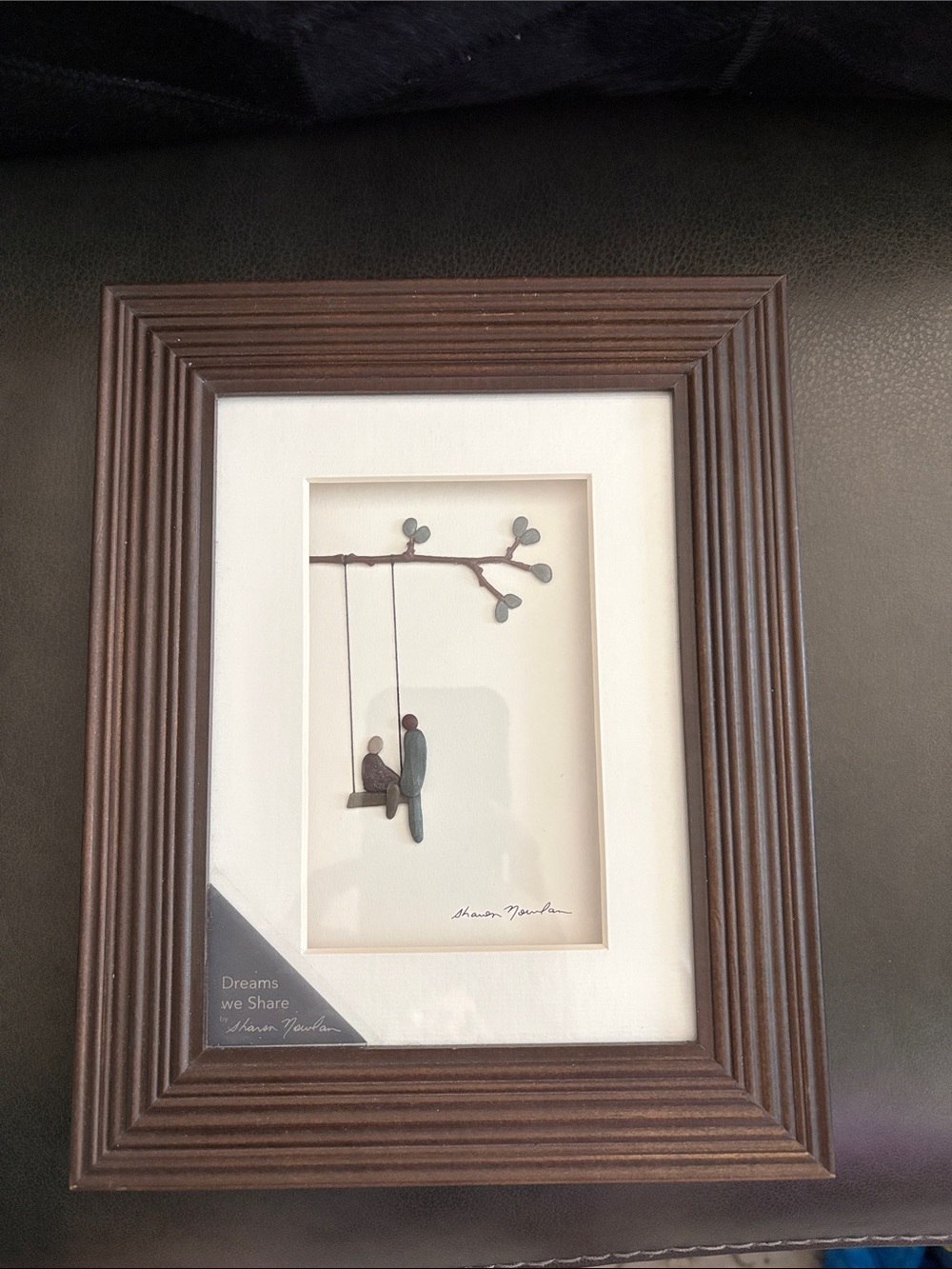 Framed Pebble Art Couple on Swing - Brown Frame